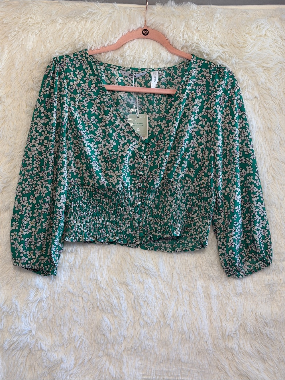 Only Womens Boho Forest Fairy Smocked Waist Crop Top Size M Green Puff Sleeve